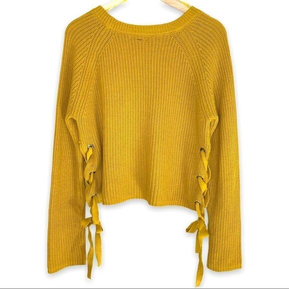Moon & Madison Ribbed Side Tie Round Neck Mustard Sweater - Picture 6 of 8